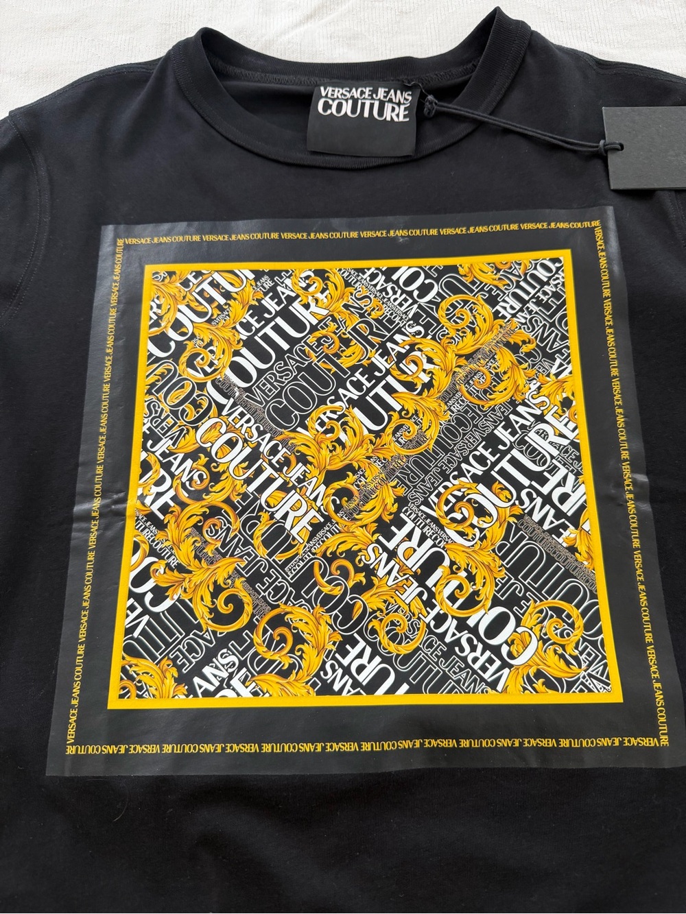 Versace Jeans Couture Black Graphic Tee with Yellow Panel